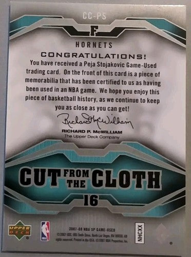 PEJA STOJAKOVIC 2007-08 UD SP Game Used Cut From The Cloth JERSEY Hornets Kings