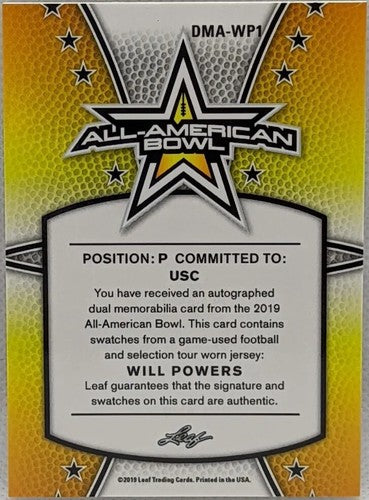 WILL POWERS 2019 Army All-American Bowl AUTO Adidas LOGO Jersey BALL PATCH #1/1