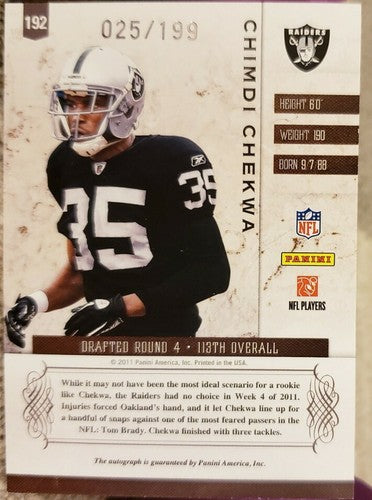 CHIMDI CHEKWA 2011 Panini Plates & Patches RC AUTO SP #/199 Oakland Raiders #192
