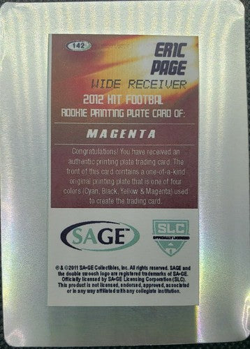 ERIC PAGE 2012 Sage HIT RC PRINTING PLATE SP #1/1 Broncos Buccaneers Bucs One of