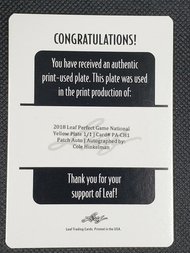 COLE HINKELMAN 2018 Leaf Perfect Game RC DUAL AUTO PRINTING PLATE #1/1 Stanford