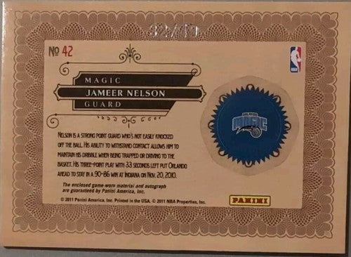 JAMEER NELSON 2010-11 Panini Gold Standard Nuggets DUAL AUTO Jersey SP /49 Magic