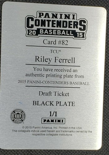 RILEY FERRELL 2015 Panini Contenders Draft Ticket PRINTING PLATE #1/1 Astros TCU