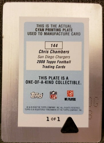 CHRIS CHAMBERS 2008 Topps NFL PRINTING PLATE #1/1 of 1 Dolphins Chiefs Chargers