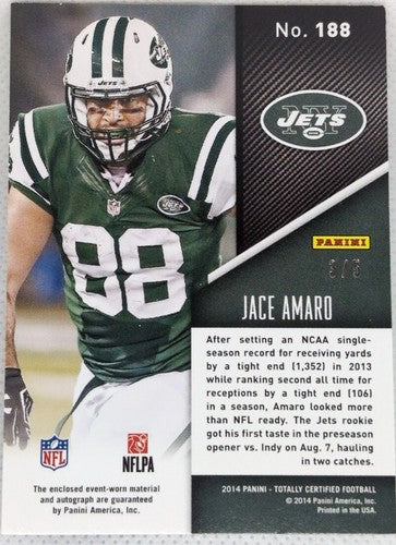 JACE AMARO 2014 Panini Totally Certified RC AUTO JERSEY PATCH Gold SP #3/5 Jets