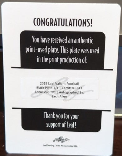 ZACH ALLEN 2019 Leaf Valiant RC AUTO PRINTING PLATE SP #1/1 Cardinals Broncos BC