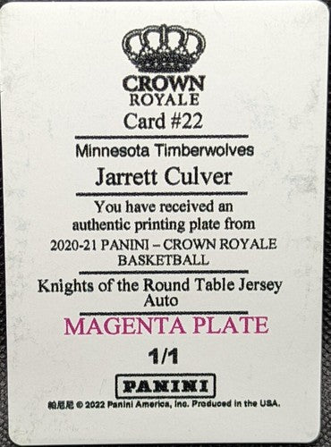 JARRETT CULVER 2020-21 Panini Crown Royale PRINTING PLATE SP 1/1 Timberwolves of