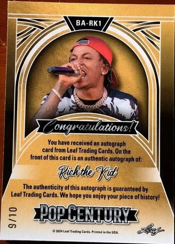 RICH THE KID 2024 Leaf Pop Century AUTO PRISMATIC PURPLE SP #/10 Rapper Carnival