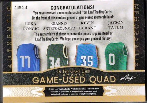 Luka DONCIC TATUM Kevin DURANT ANTETOKOUNMPO 2024 Game Used JERSEY PATCH SP #1/1