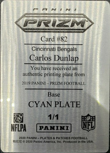 CARLOS DUNLAP 2019 Panini Prizm PRINTING PLATE #1/1 Bengals 2020 Patches One of