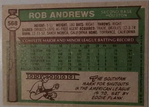 ROB ANDREWS 2016 Topps 65th Anniversary 1976 BUYBACK RED Stamped SP Astros #568