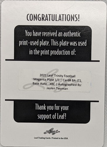 JAYLEN TWYMAN 2021 Leaf Trinity RC AUTO PRINTING PLATE SP 1/1 Vikings XRC One of