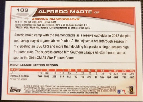 ALFREDO MARTE 2013 Topps Chrome RC Rookie AUTO SP Arizona Diamondbacks #189