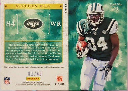 STEPHEN HILL 2012 Panini Rookie Gridiron Kings Jersey PATCH #01/49 EBAY 1/1 Jets