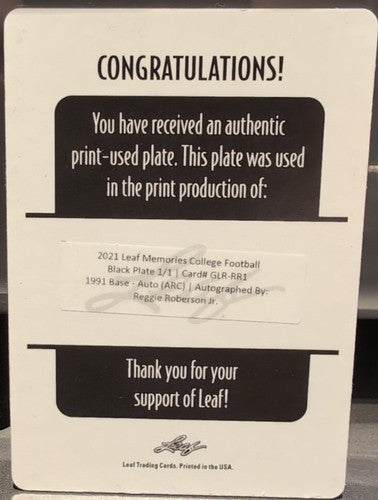 REGGIE ROBERSON JR. 2021 Leaf Memories 1991 AUTO PRINTING PLATE #1/1 Titans SMU