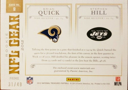 Brian QUICK Stephen HILL 2012 National Treasures Dual Jersey LAUNDRY TAG PATCH #