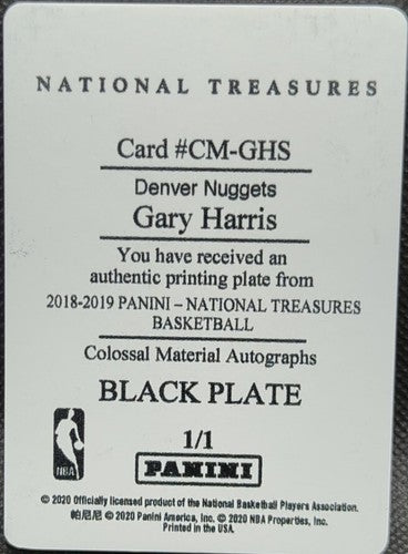 GARY HARRIS 2018-19 Panini National Treasures PRINTING PLATE #1/1 Nuggets One of
