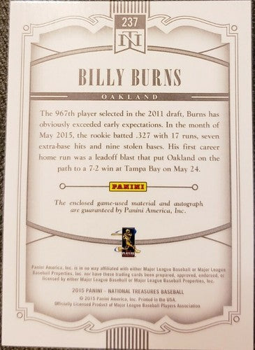 BILLY BURNS 2015 Panini National Treasures Dual RC AUTO Jumbo Jersey SP #/99 A's