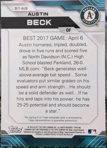 AUSTIN BECK 2017 Topps Bowman's Best Of Prospect RC AUTO SP As Athletics Dodgers