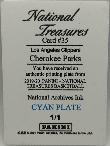 CHEROKEE PARKS 2019-20 Panini National Treasures PRINTING PLATE #1/1 Clippers of