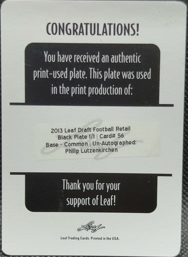 PHILLIP LUTZENKIRCHEN 2013 Leaf Draft RC PRINTING PLATE #1/1 Rams Auburn Tigers