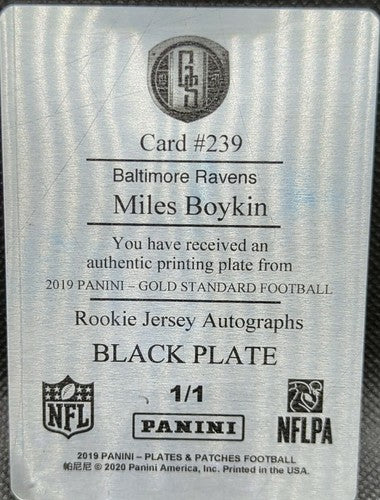 MILES BOYKIN 2019 Panini Gold Standard RC PRINTING PLATE SP #1/1 Ravens One of