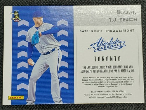 T. J. ZEUCH 2020 Panini Absolute DUAL AUTO LAUNDRY TAG PATCH RC /10 Blue Jays TJ