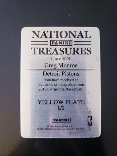GREG MONROE 2013-14 National Treasures PRINTING PLATE #1/1 of 1 Spectra Pistons
