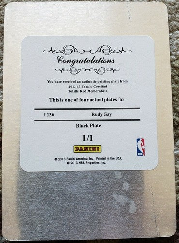 RUDY GAY 2012-13 National Treasures PRINTING PLATE SP #1/1 of 1 Grizzlies Spurs