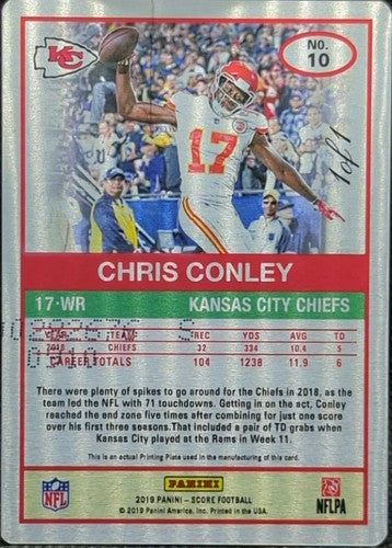 CHRIS CONLEY 2019 Panini Score PRINTING PLATE #1/1 Chiefs Texans Jaguars One of
