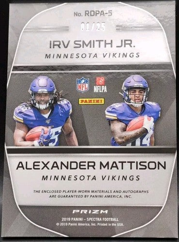Alexander MATTISON Irv SMITH JR 2019 Panini Spectra DUAL AUTO PATCH 1/25 Vikings
