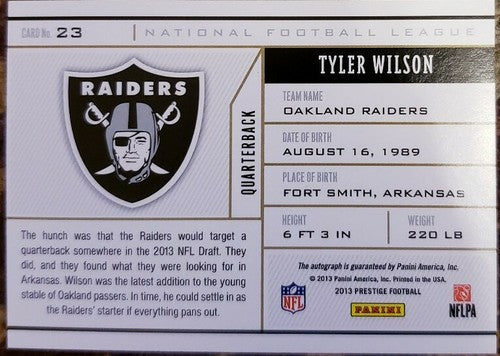 TYLER WILSON 2013 Panini Prestige Draft Tickets Rookie AUTO Autograph SP Raiders
