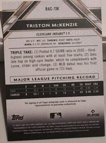 TRISTON McKENZIE 2021 Topps Triple Threads RC AUTO SP #/199 Cleveland Guardians