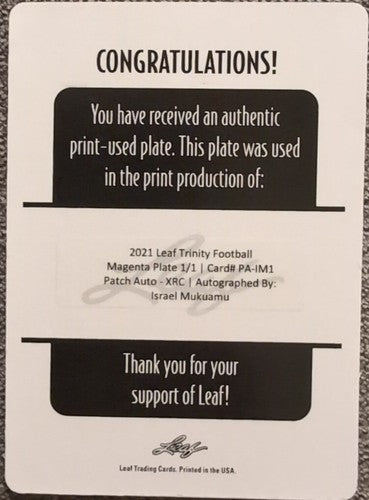ISRAEL MUKUAMU 2021 Leaf Trinity Patch AUTO PRINTING PLATE SP #1/1 Cowboys SC of