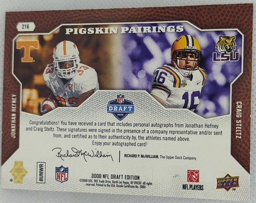 Craig STELTZ Jonathan HEFNEY 2008 UD NFL Draft DUAL RC AUTO Gold #2/10 Bears LSU