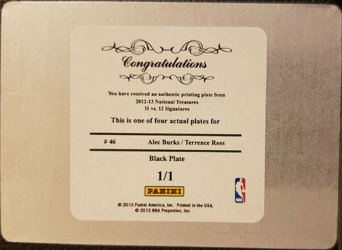 Terrence ROSS Alec BURKS 2012-13 Panini Dual Signatures PRINTING PLATE #1/1 Jazz