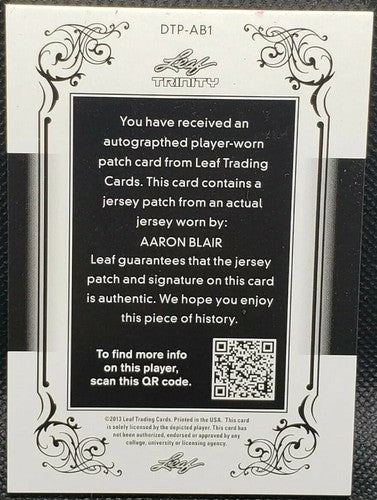 AARON BLAIR 2013 Leaf Trinity DUAL AUTO JUMBO LAUNDRY TAG LOGO PATCH Gold #/10