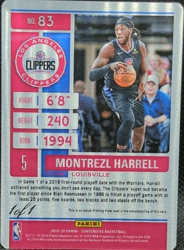 MONTREZL HARRELL 2019-20 Panini Contenders PRINTING PLATE SP 1/1 Clippers Lakers
