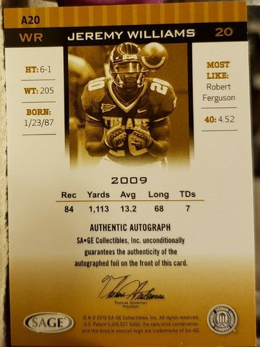 JEREMY WILLIAMS 2010 SAGE HIT Rookie Red AUTO SP Tulane Green Wave Saints Eagles