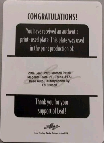 ED STINSON 2014 Leaf Draft Retail RC AUTO PRINTING PLATE SP #1/1 Cardinals Jets