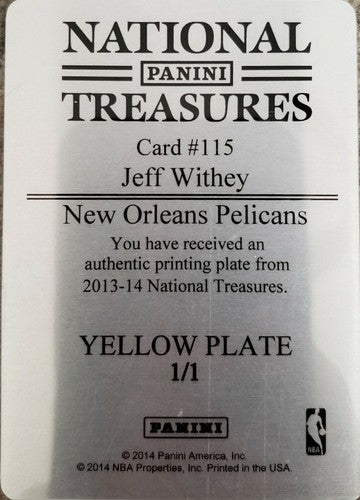 JEFF WITHEY 2013-14 Playoff National Treasures PRINTING PLATE #1/1 of 1 Pelicans