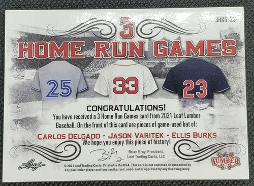 Jason VARITEK Carlos DELGADO Ellis BURKS 2021 Leaf Lumber TRIPLE BAT Relic #3/20