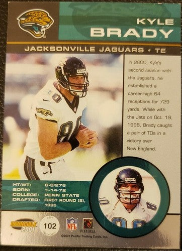 KYLE BRADY 2001 Pacific Invincible Red Game Used Worn Jersey Relic #/750 Jaguars