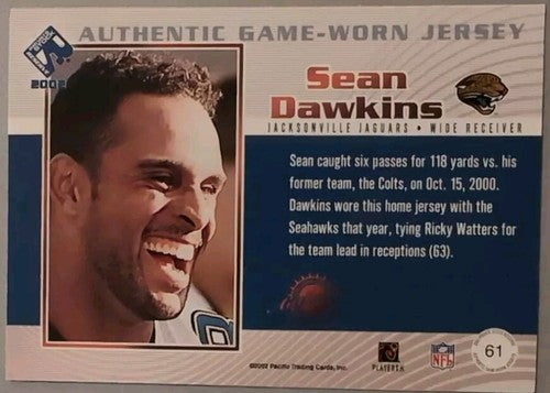 SEAN DAWKINS 2002 Pacific Private Stock Reserve Game-Worn JERSEY Relic Jaguars
