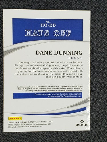 DANE DUNNING 2021 Panini Immaculate Hat Off DUAL AUTO CAP PATCH SP #/63 Rangers