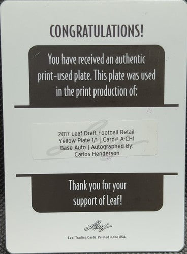 CARLOS HENDERSON 2017 Leaf Draft RC AUTO PRINTING PLATE SP #1/1 Broncos One of