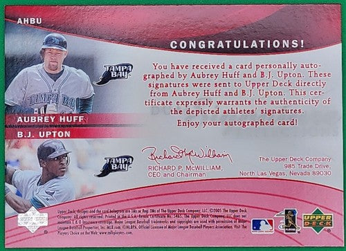 B. J. UPTON Aubrey HUFF 2005 Upper Deck Reflections DUAL AUTO Red SP /99 Rays BJ