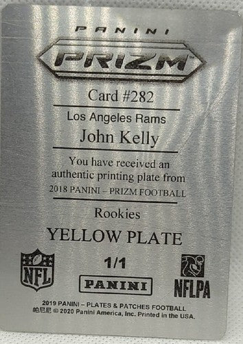 JOHN KELLY 2018 Panini Prizm RC Yellow PRINTING PLATE #1/1 Rams 2019 Patches of