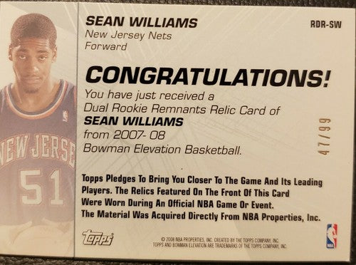 SEAN WILLIAMS 2007-08 Bowman Elevation Remnants Dual Jersey Pink SP #/99 RC Nets