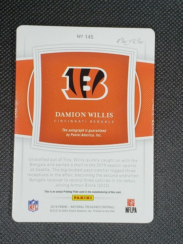 DAMION WILLIS 2019 Panini National Treasures RC AUTO PRINTING PLATE #1/1 Bengals